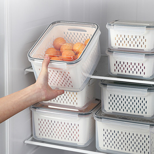 Household Refrigerator Fresh-keeping Box Kitchen Drain Basket with Cover Washing Fruit and Vegetable Basket Plastic Storage Box