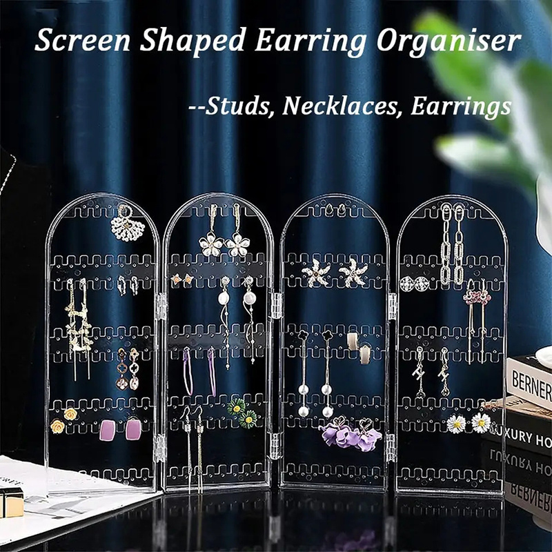 240 Holes Clear Acrylic Earrings Holder 4 Doors Foldable Screen Necklace Display Stand Rack Jewelry Hanging Organizer