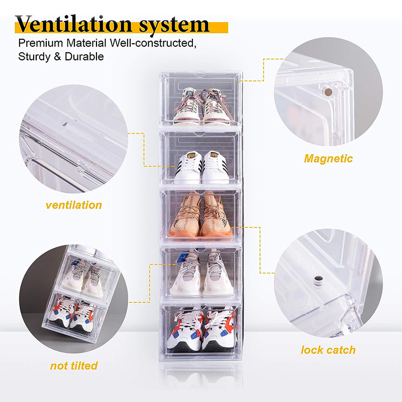 Sneaker Organizer Container Drop Front Shoe Box with Magnetic Door Clear Plastic Foldable Stackable Storage Box for Closet