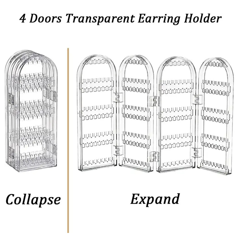 240 Holes Clear Acrylic Earrings Holder 4 Doors Foldable Screen Necklace Display Stand Rack Jewelry Hanging Organizer