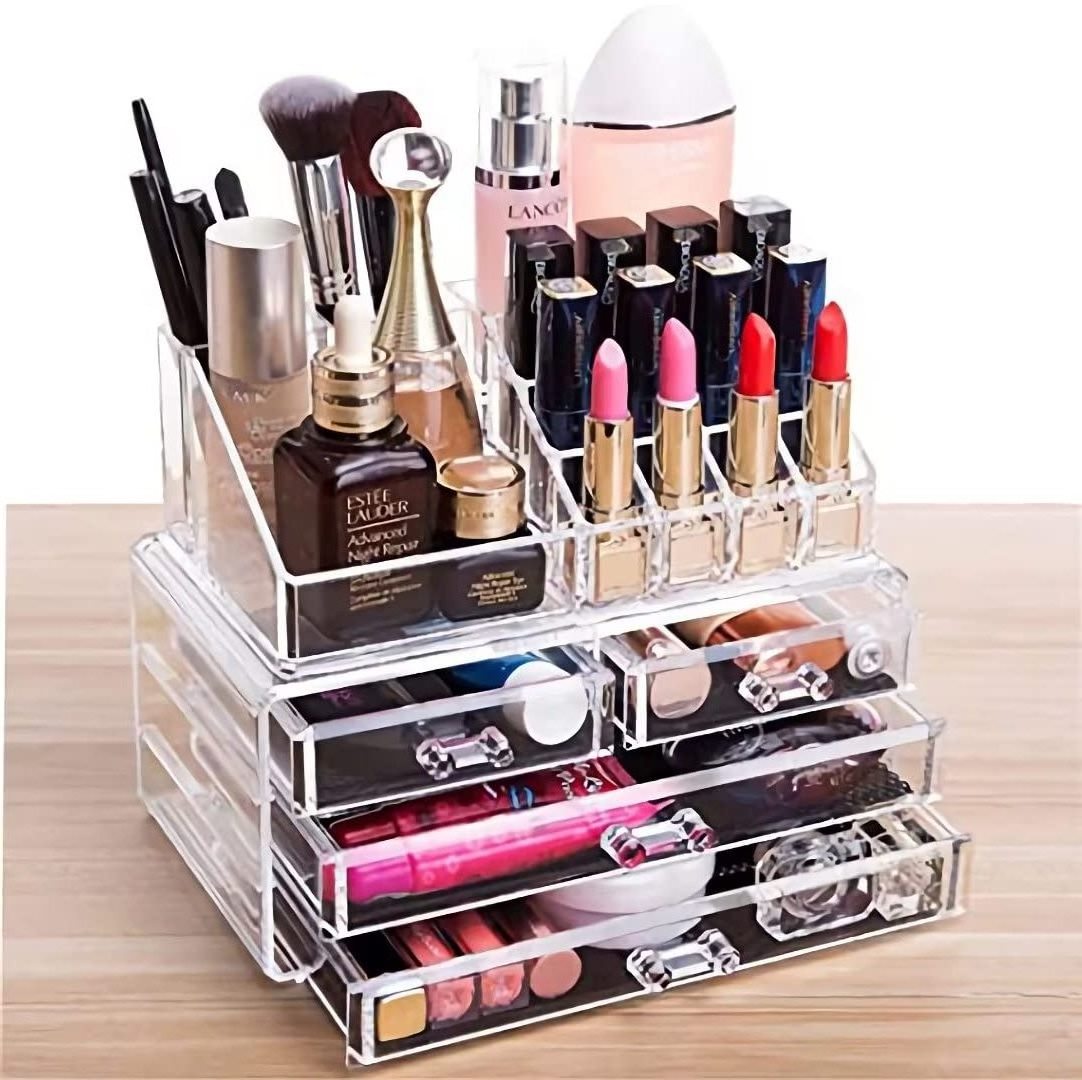 2 Pcs/Set Stackable Cosmetic Storage Box Clear Acrylic Makeup Organizer with 4 Drawers Lipstick Stands Skincare Display Case