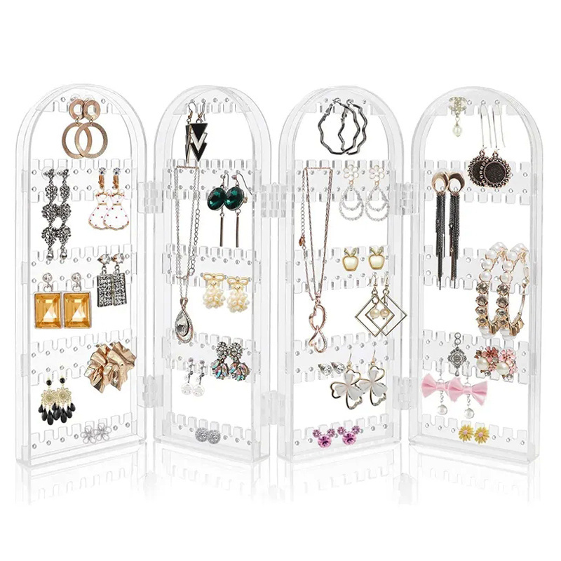 240 Holes Clear Acrylic Earrings Holder 4 Doors Foldable Screen Necklace Display Stand Rack Jewelry Hanging Organizer