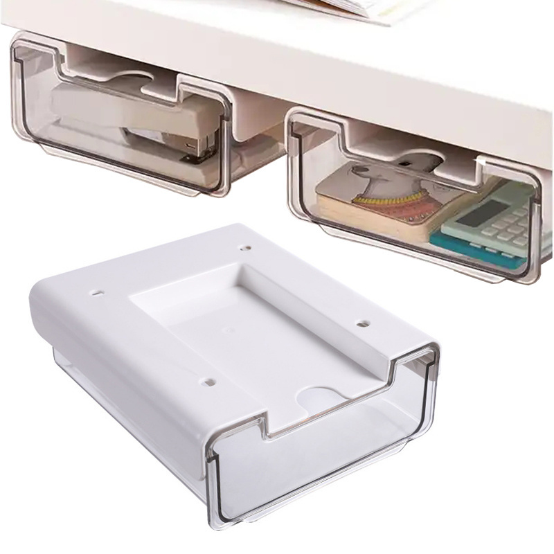 Self-Adhesive Stick On Under Desk Storage Drawers Transparent Plastic Workspace Organizers Desk Under Shelf Organization