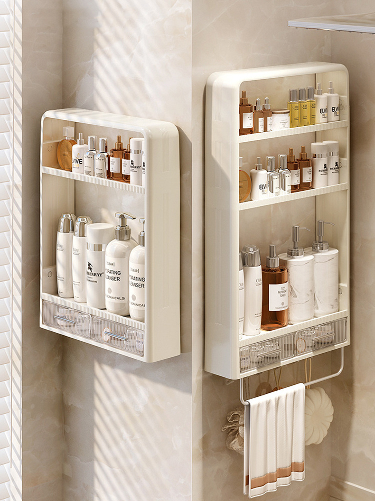 3 Layer Bathroom Shelves with Drawer Hooks Towel Rack Wall Mounted Shower Caddy Organizer Rack Makeup Cosmetic Storage Box