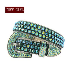 Retro Snakeskin Gradient Blue Bling Bling Rhinestone Belt Ruby Sapphire Studded Royal Leather Belt For Men