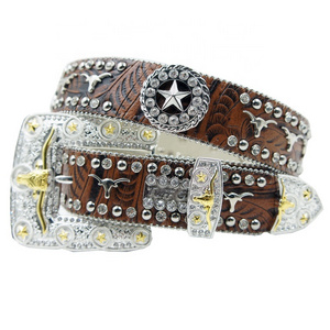 High Quality Brown Brindle Star Concho Western Rhinestone men Buckle Belt 115cm