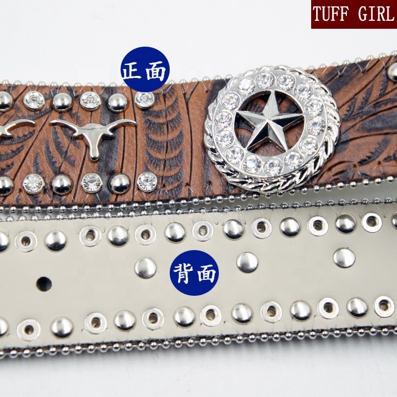 High Quality Brown Brindle Star Concho Western Rhinestone men Buckle Belt 115cm