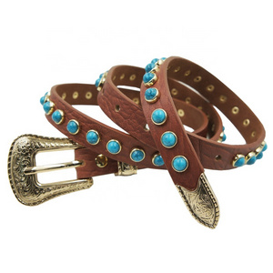 Western Simply Brown Genuine Leather Belt With Turquoise Stones 130cm