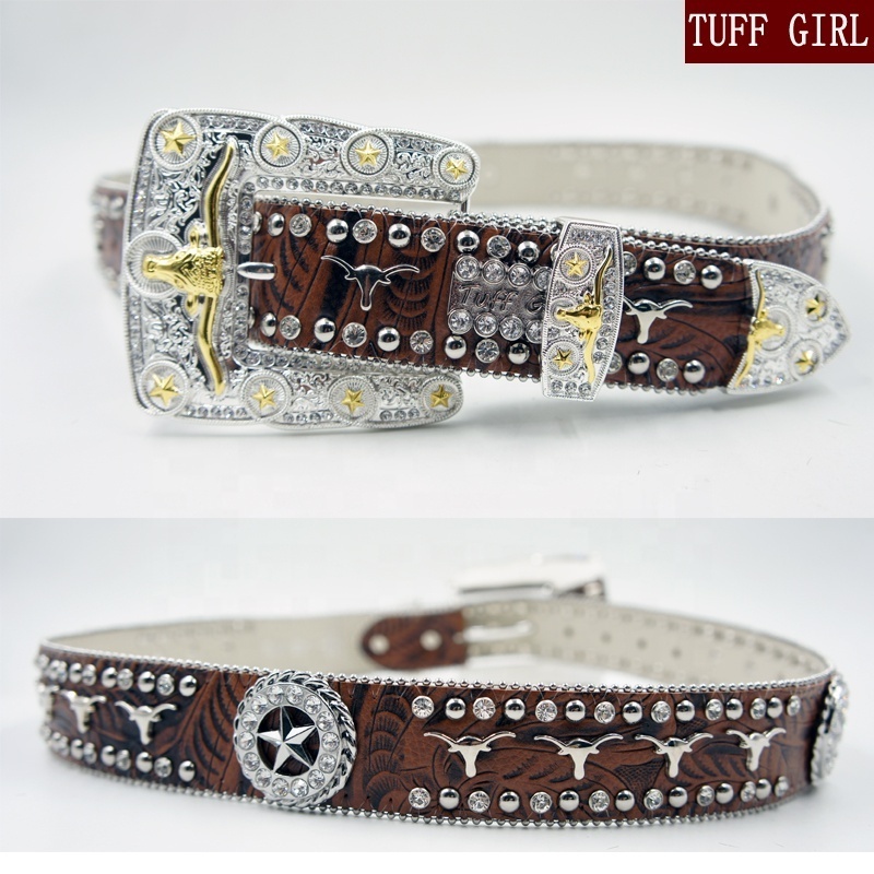 High Quality Brown Brindle Star Concho Western Rhinestone men Buckle Belt 115cm