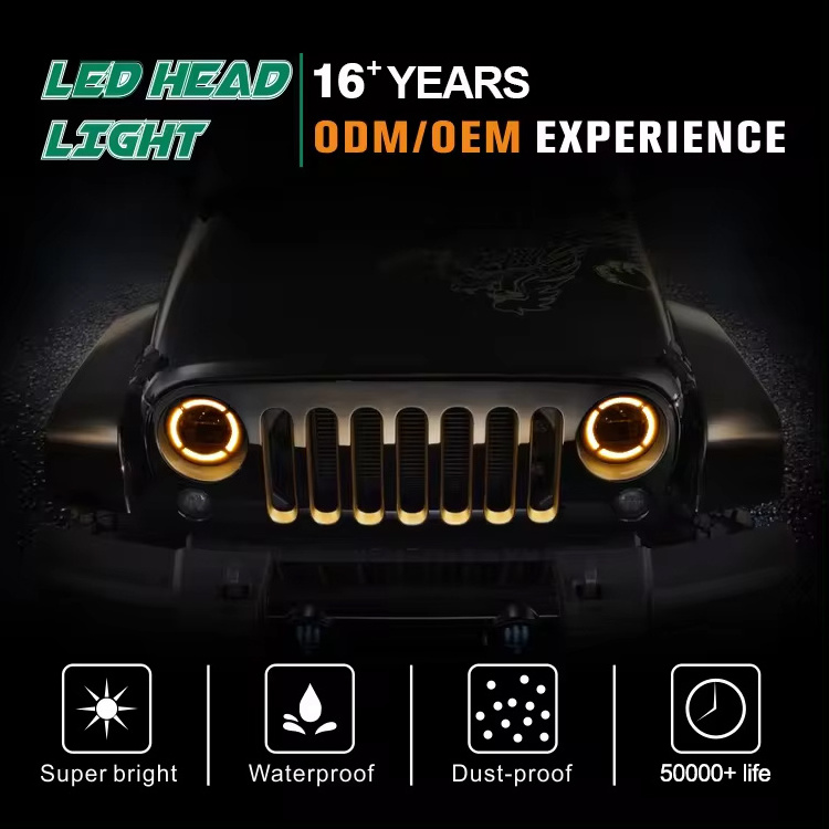 7 Inch Round High Low Beam Led Headlight Motorcycle White Amber Angle Eyes Drl Turn Singal Led Headlights For Jeep Wrangler