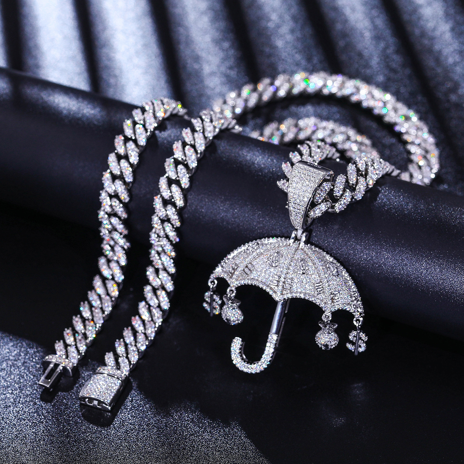 Sparkling Hip Hop Jewelry 925 Sterling Silver VVS Moissanite Diamond Iced Out Umbrella Pendant With Dollar Money Charm