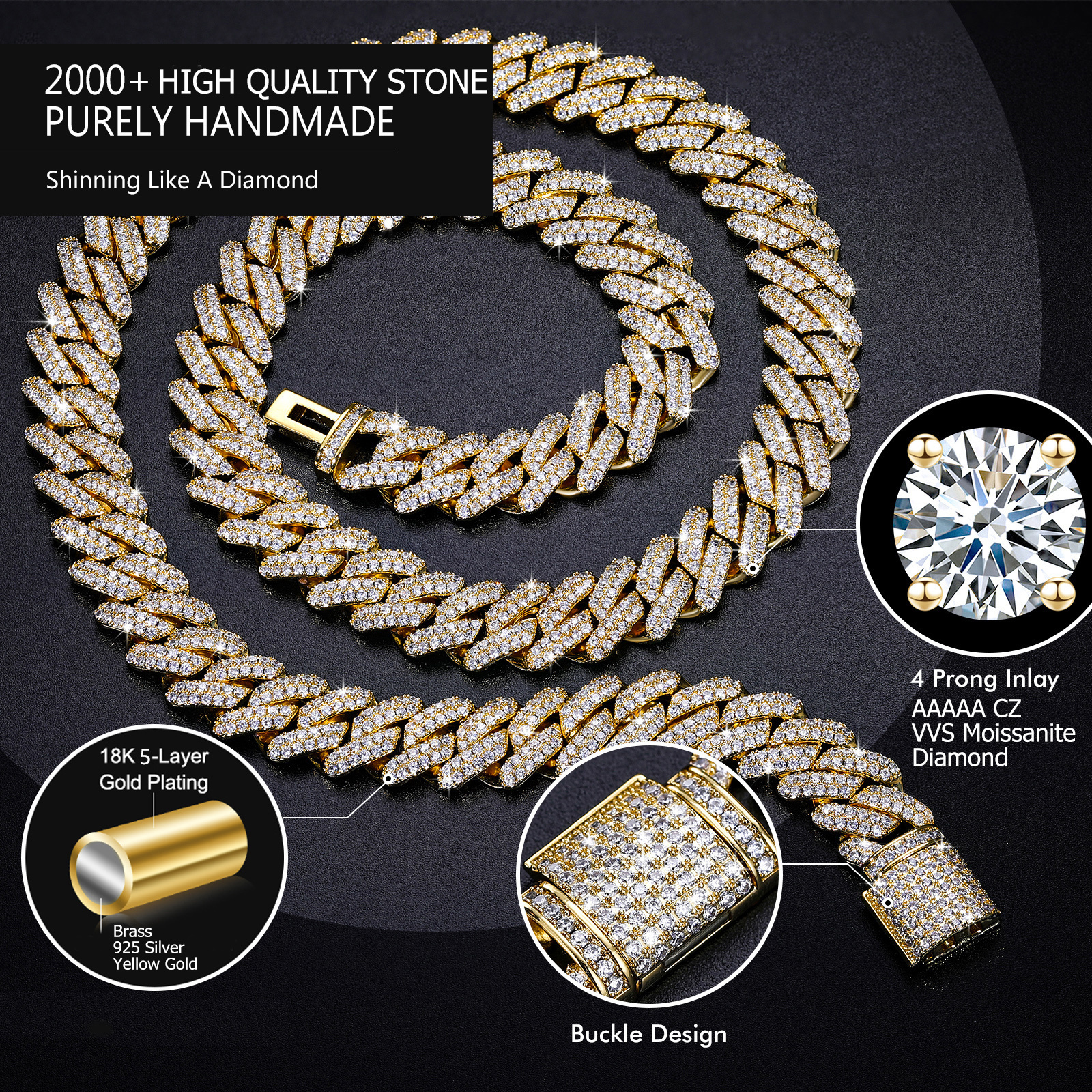 Free Sample Custom Iced Out Miami Cuban Link Chain 14K 18K Real Gold Silver Rapper Hip Hop Jewelry Factory Necklace Men Women