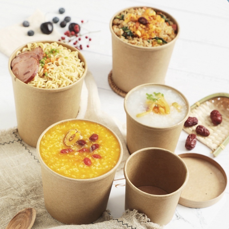 Free Sample Take Away Paper Container Salad Bowls 400ml~1500ml Disposable Kraft Paper Round Bowl For Food Packaging