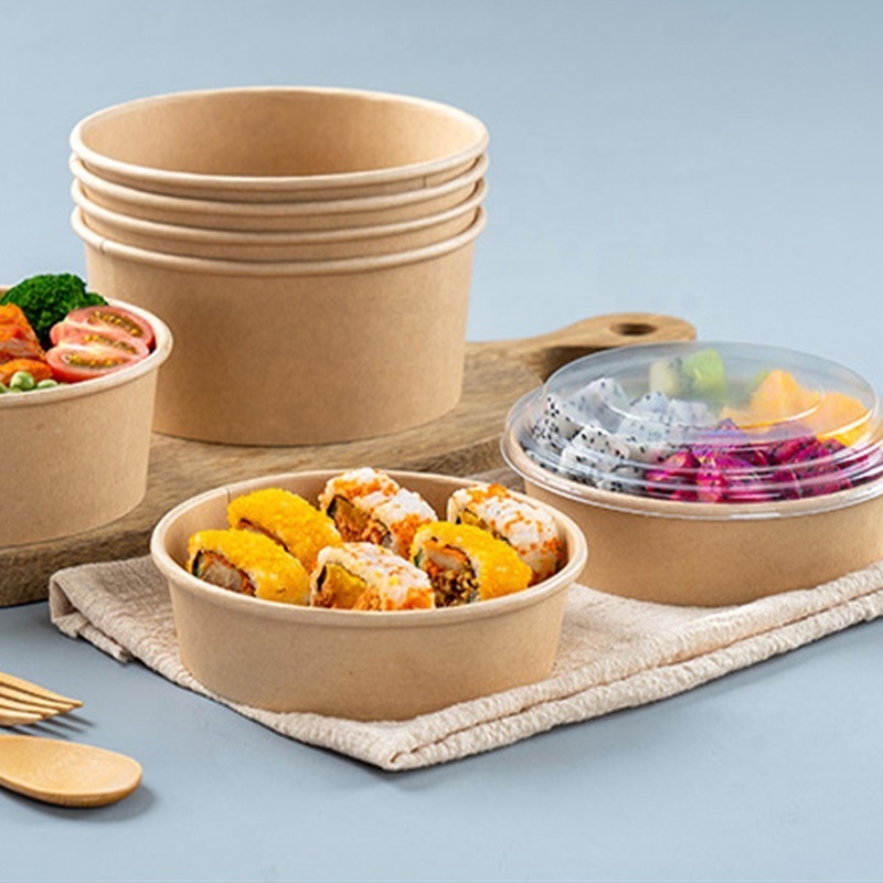 Free Sample Take Away Paper Container Salad Bowls 400ml~1500ml Disposable Kraft Paper Round Bowl For Food Packaging