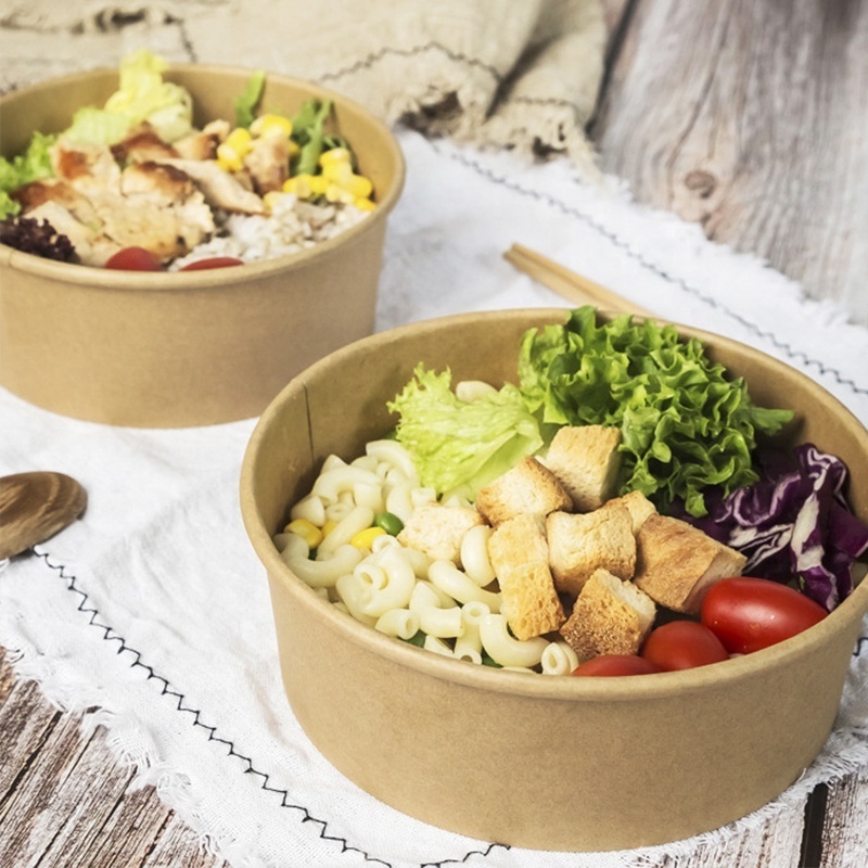 Free Sample Take Away Paper Container Salad Bowls 400ml~1500ml Disposable Kraft Paper Round Bowl For Food Packaging