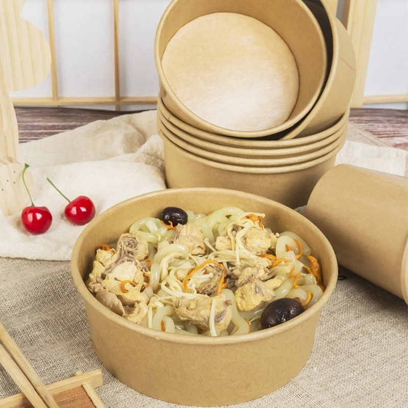 Free Sample Take Away Paper Container Salad Bowls 400ml~1500ml Disposable Kraft Paper Round Bowl For Food Packaging