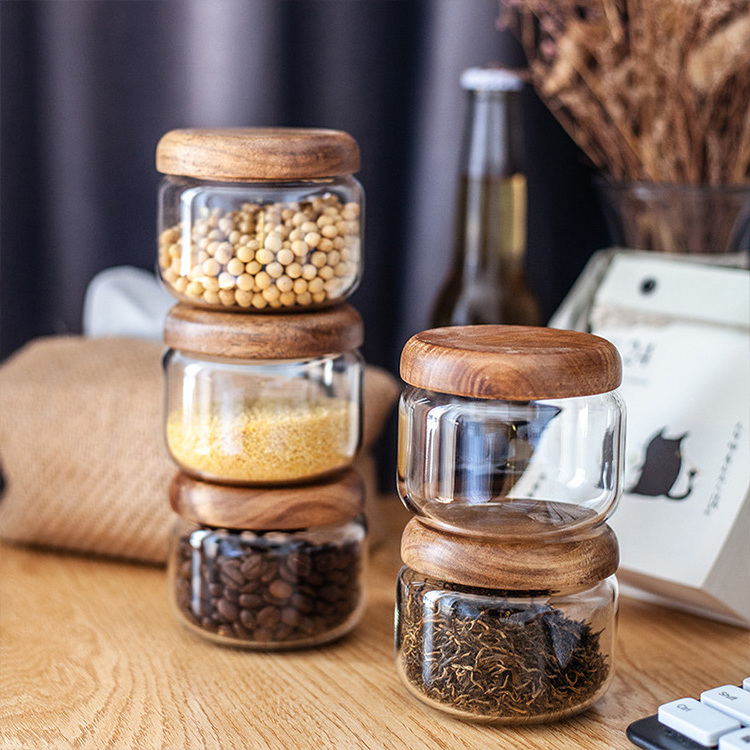 New Arrival Vorratsdose airtight glass storage jar pot de stock glass storage containers for kitchen pantry with wooden lid