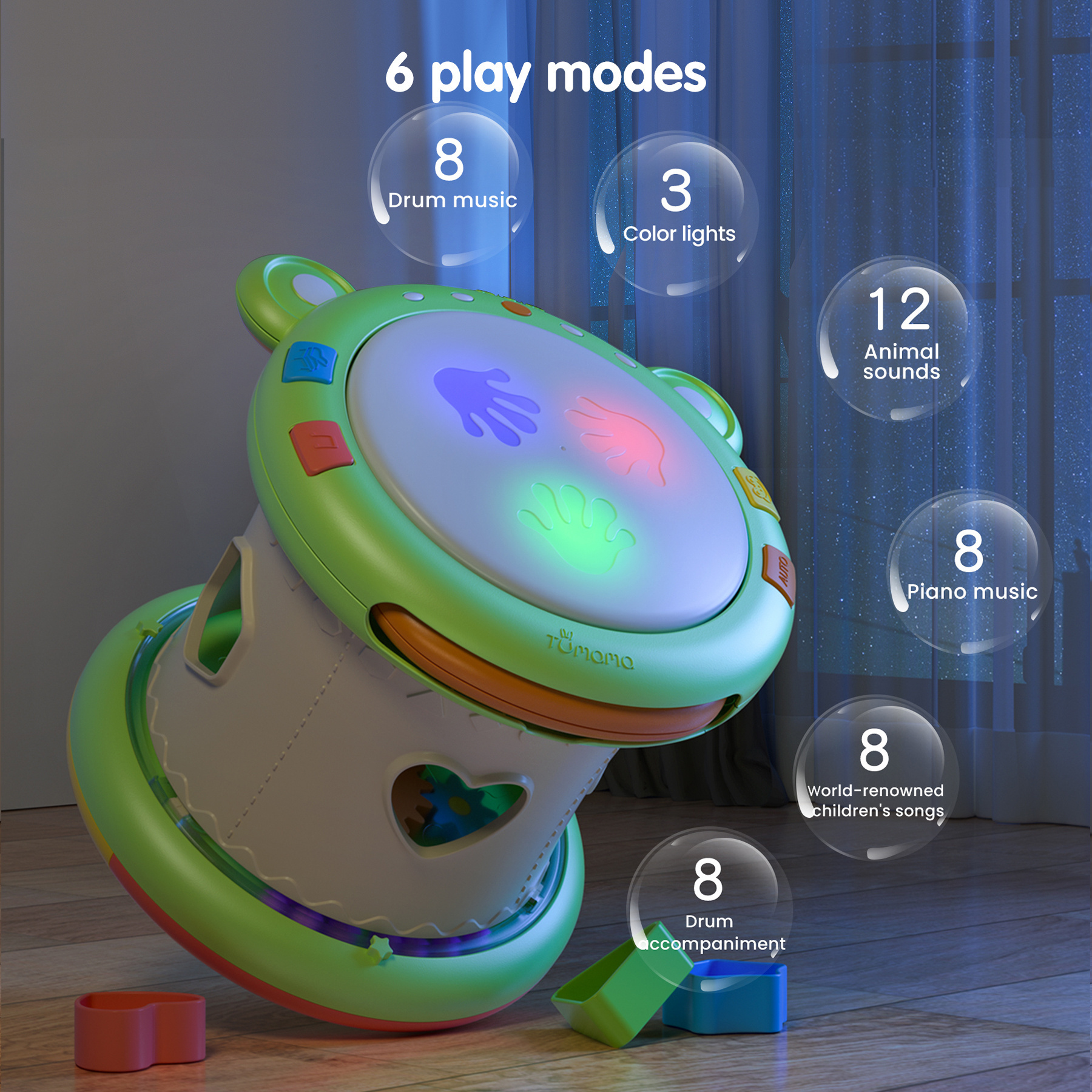 Tumama Kids 3 in 1 Baby Electronic Cartoon Frog Drum Music Sets Flash Mini Musical Hand Drum Toy