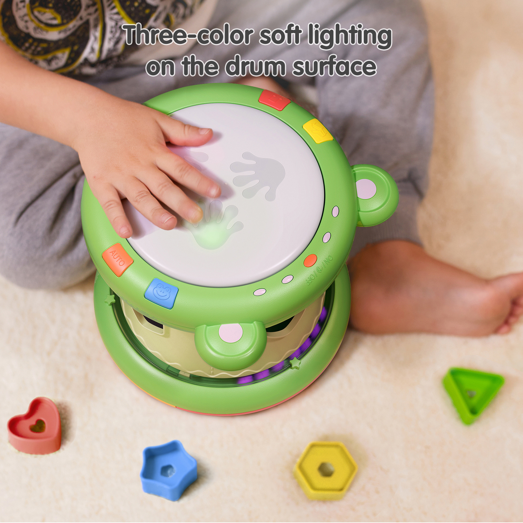 Tumama Kids 3 in 1 Baby Electronic Cartoon Frog Drum Music Sets Flash Mini Musical Hand Drum Toy