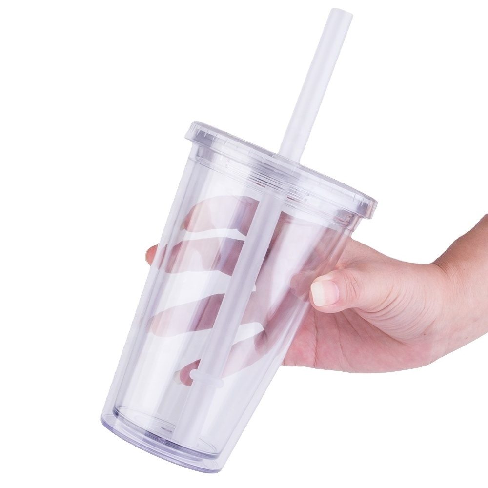 Wholesale BPA free plastic clear tumbler double wall 17oz plastic reusable bubble tea cups