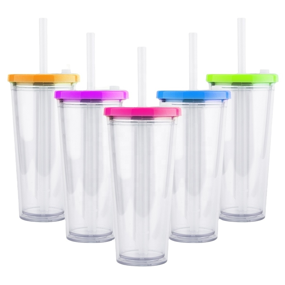 Bubble Tea Tumbler Cups 700ml Double Wall Reusable Plastic Cups With Lid And Straw