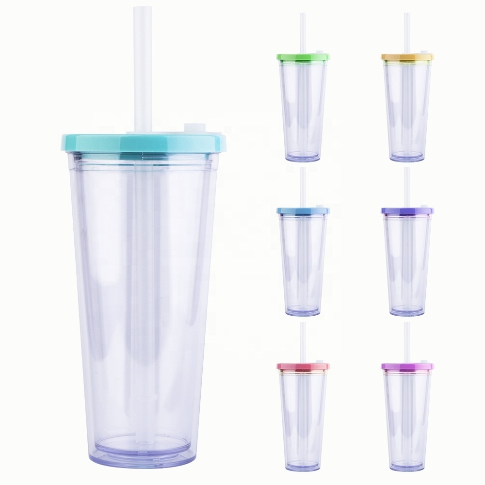 Bubble Tea Tumbler Cups 700ml Double Wall Reusable Plastic Cups With Lid And Straw