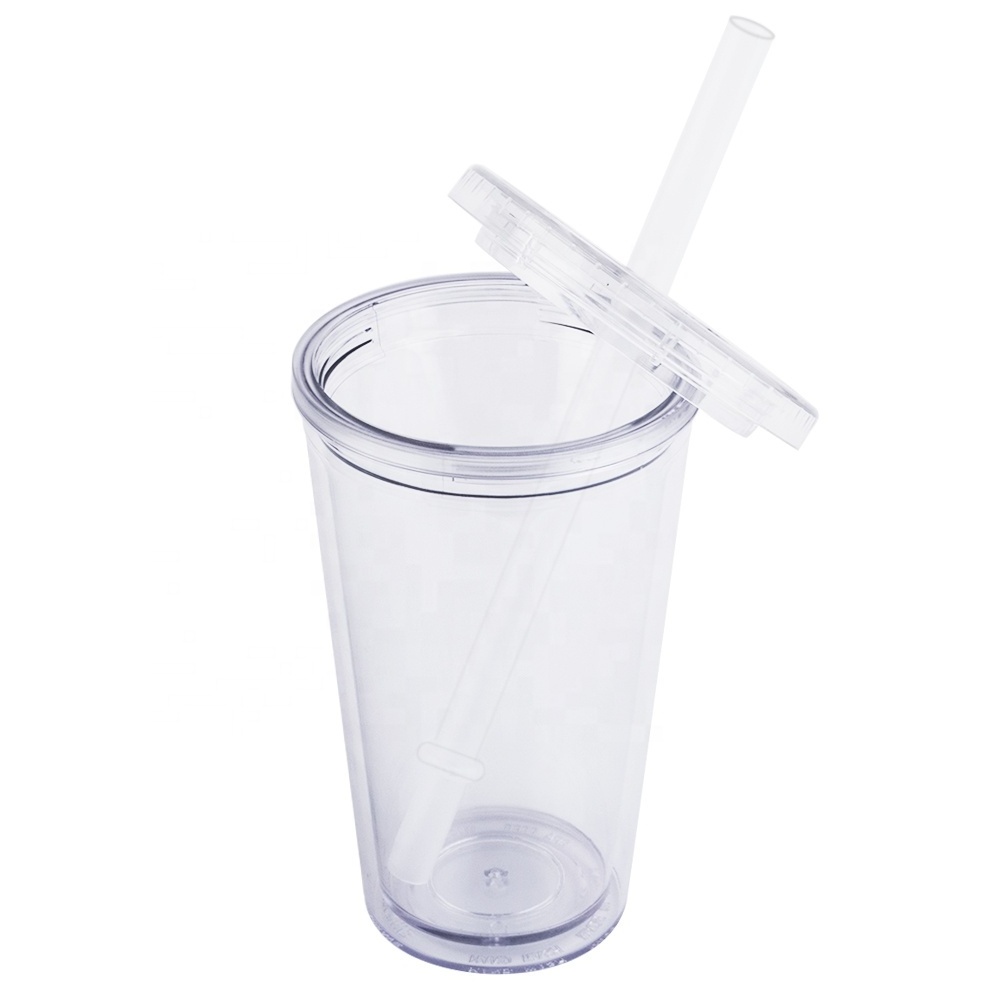 Wholesale BPA free plastic clear tumbler double wall 17oz plastic reusable bubble tea cups