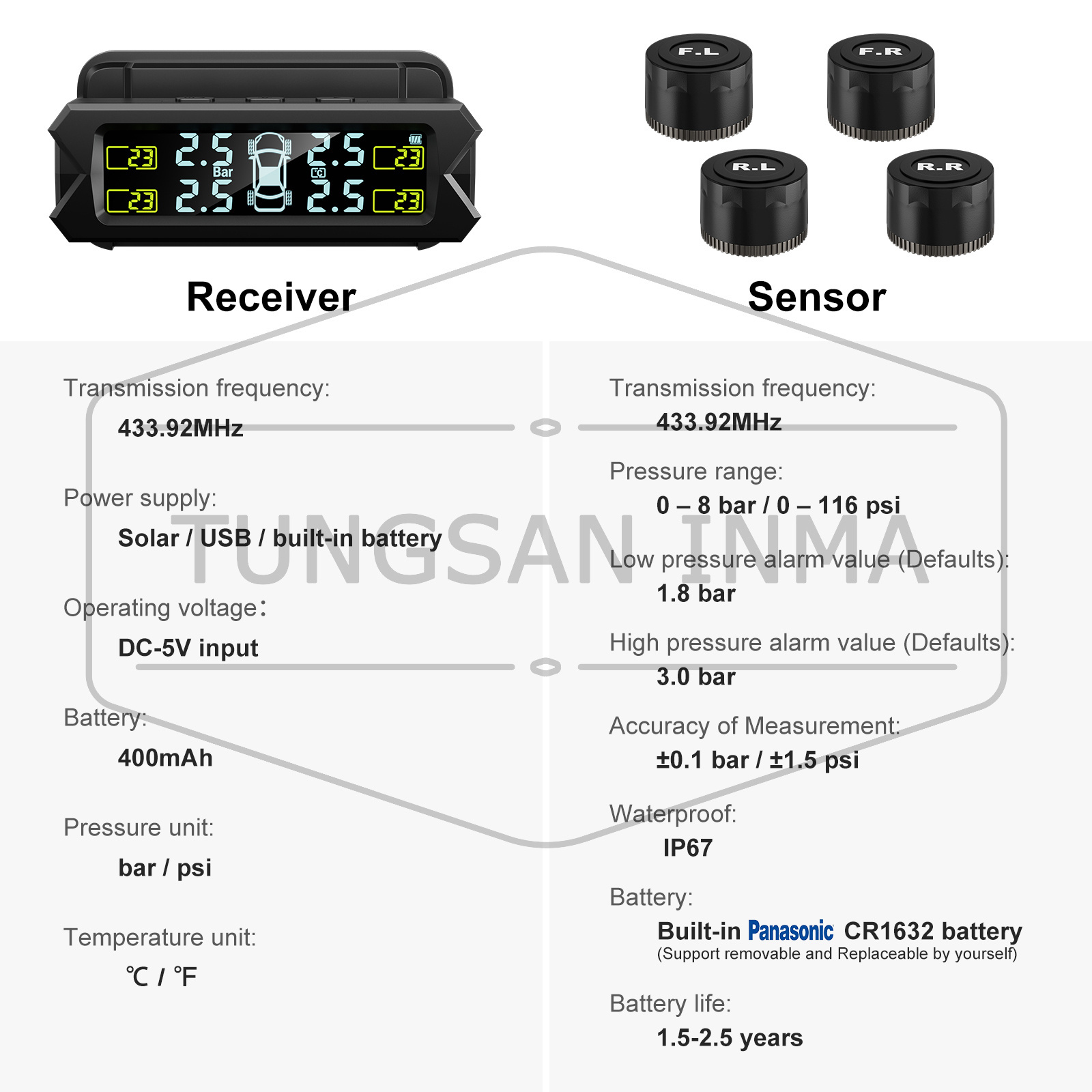 116psi 8bar tire pressure gauge built in Panasonic battery external sensor tpms tire pressure monitoring system