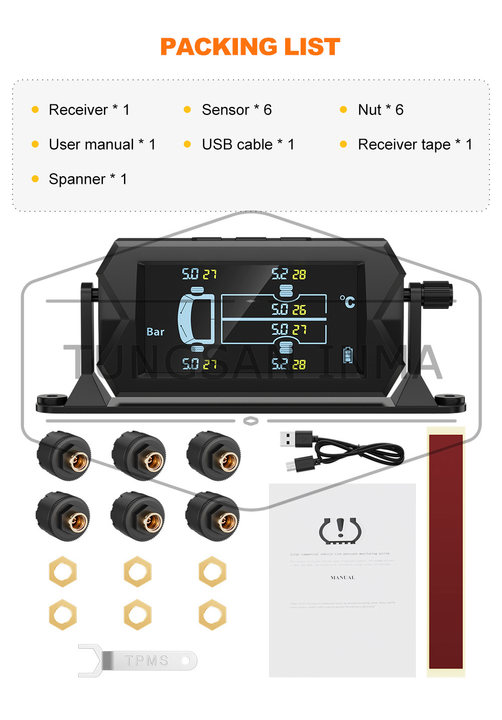 0-116psi 0-217psi optional 6 pcs external sensors truck tire pressure monitoring system 6 tyres universal solar TPMS