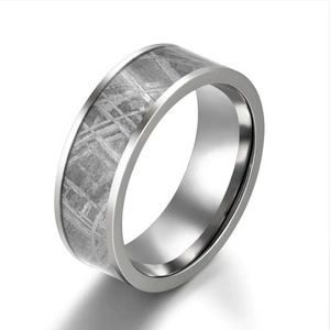 8mm Black Silver Plated Real Gibeon Meteorite Ring Inlay Titanium Stainless Steel Zirconium Mens Wedding Band Rings for Women