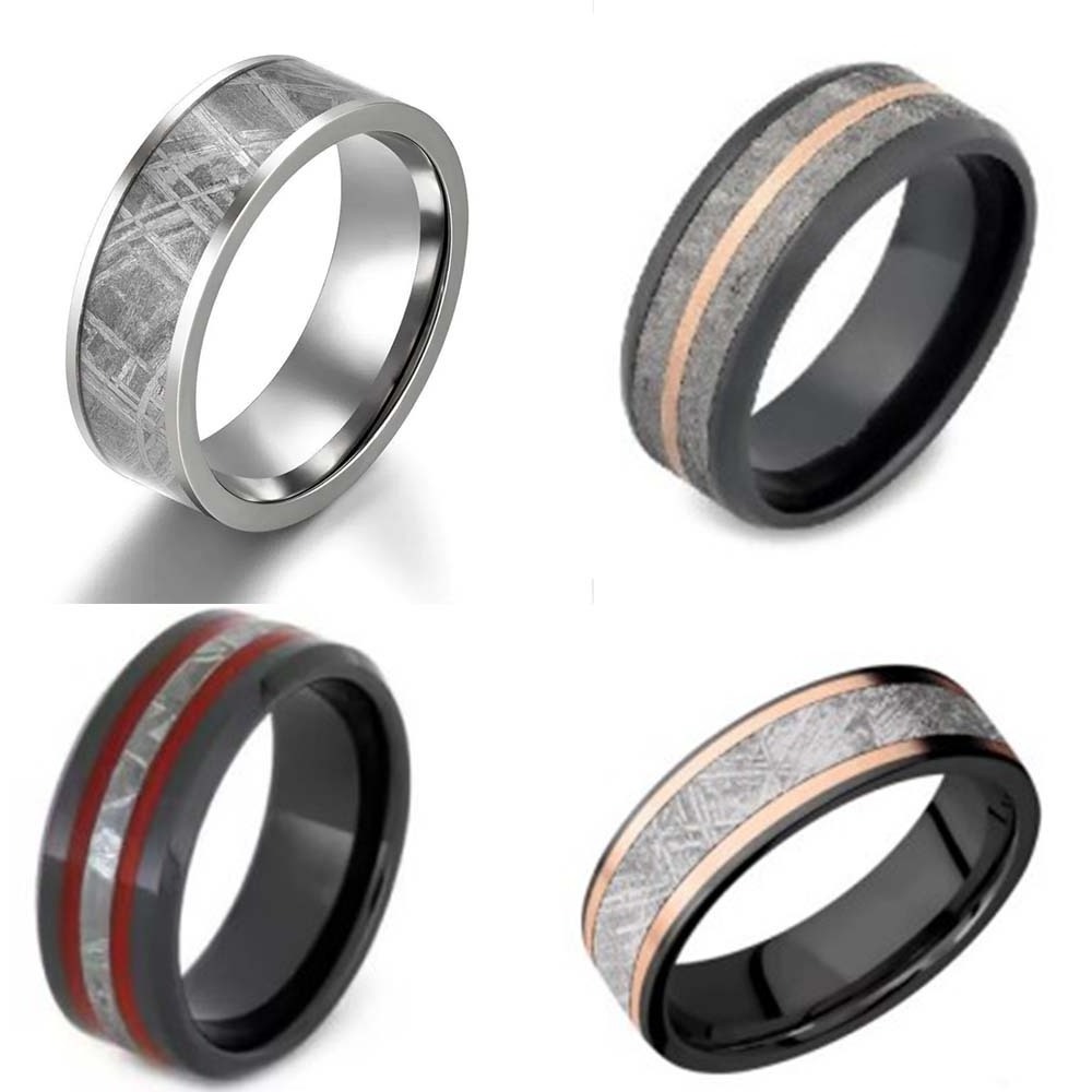 8mm Black Silver Plated Real Gibeon Meteorite Ring Inlay Titanium Stainless Steel Zirconium Mens Wedding Band Rings for Women