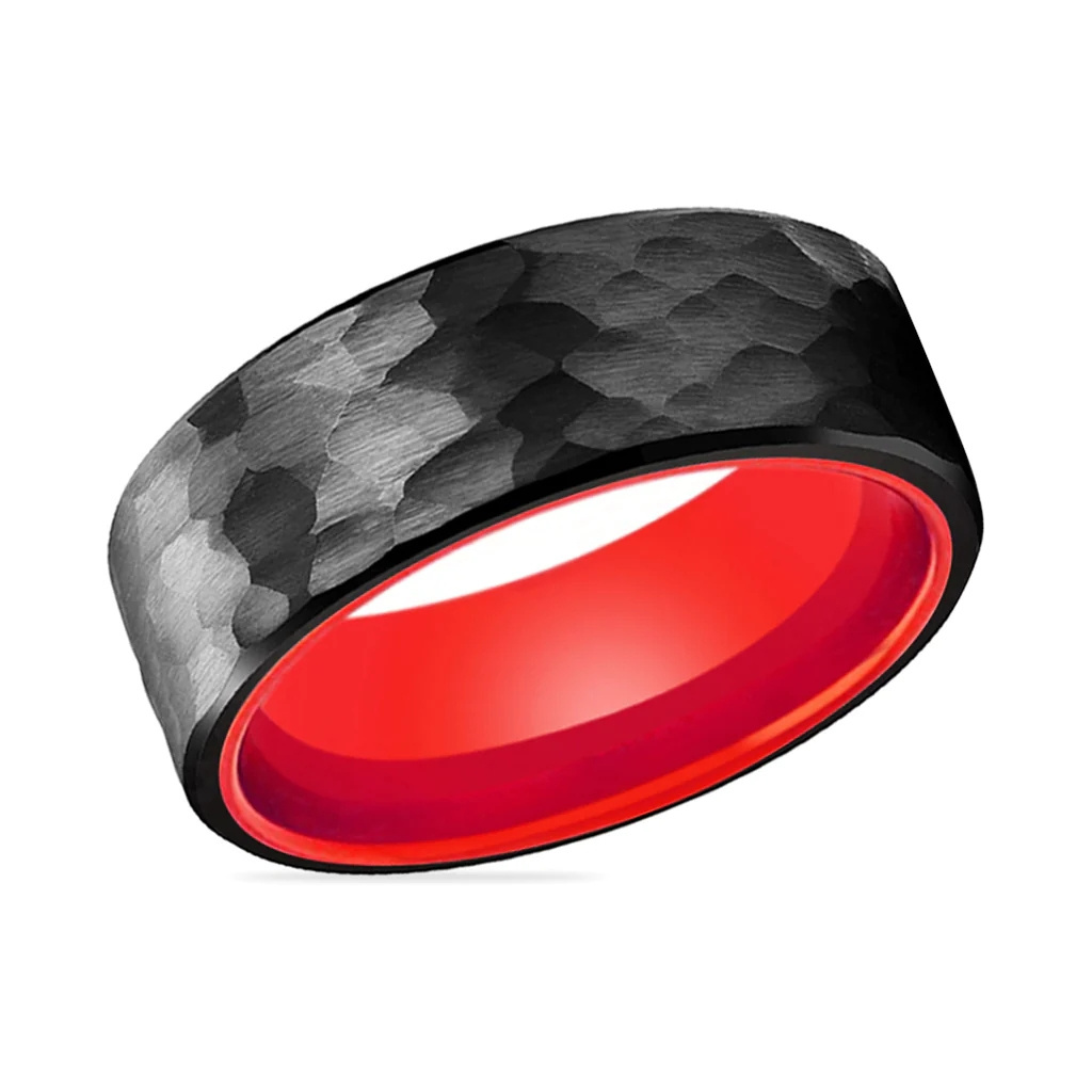 8mm Hammered Red Ring Black Tungsten Band for Men Women