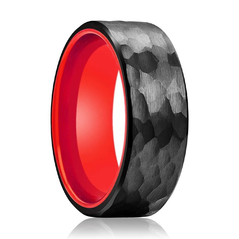 8mm Hammered Red Ring Black Tungsten Band for Men Women