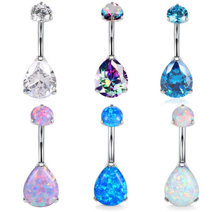 Round Teardrop Navel Ring White Blue Pink Colorful Zirconia Belly Button Rings Bars Titanium Piercing Jewelry for Women Body