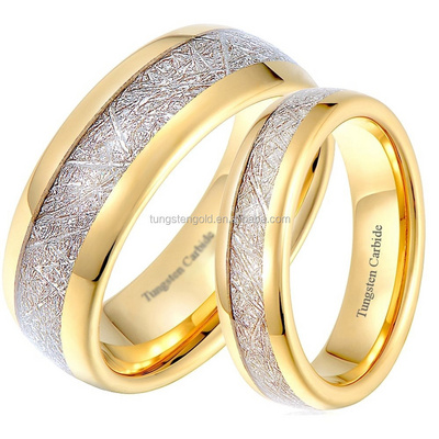 His and Hers Matching Tungsten Rings,Meteorite Inlay Gold Tone Wedding Engagement Couple Rings Set