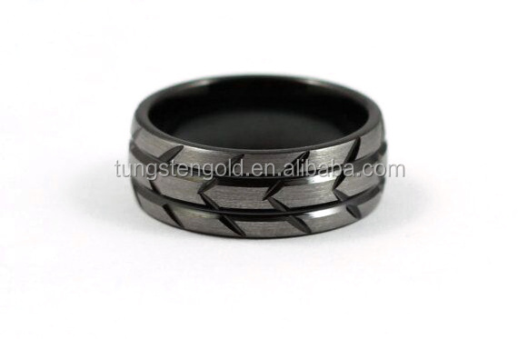 8MM Men's Black Tungsten Wedding Band, Brushed Silver Tire Tread Design Ring, Free Custom Engraving