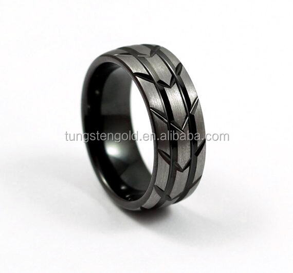 8MM Men's Black Tungsten Wedding Band, Brushed Silver Tire Tread Design Ring, Free Custom Engraving