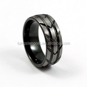 8MM Men's Black Tungsten Wedding Band, Brushed Silver Tire Tread Design Ring, Free Custom Engraving