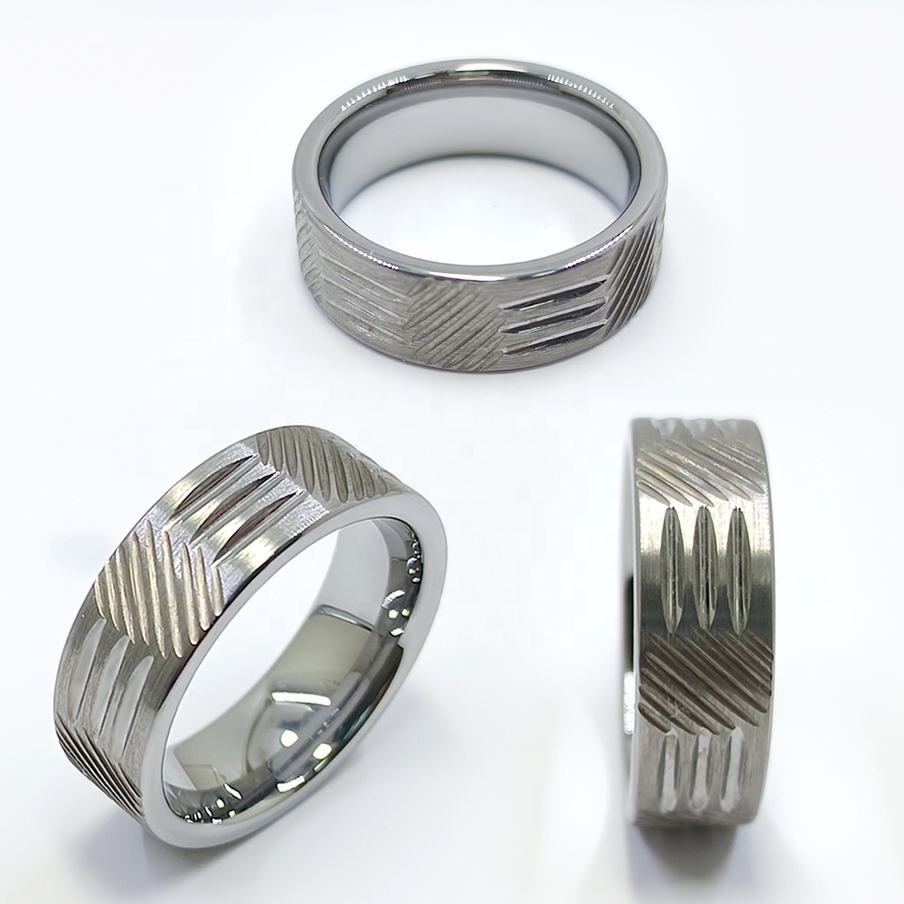 8mm Brushed Diamond Cut Grooved Tungsten Wedding Band for Men