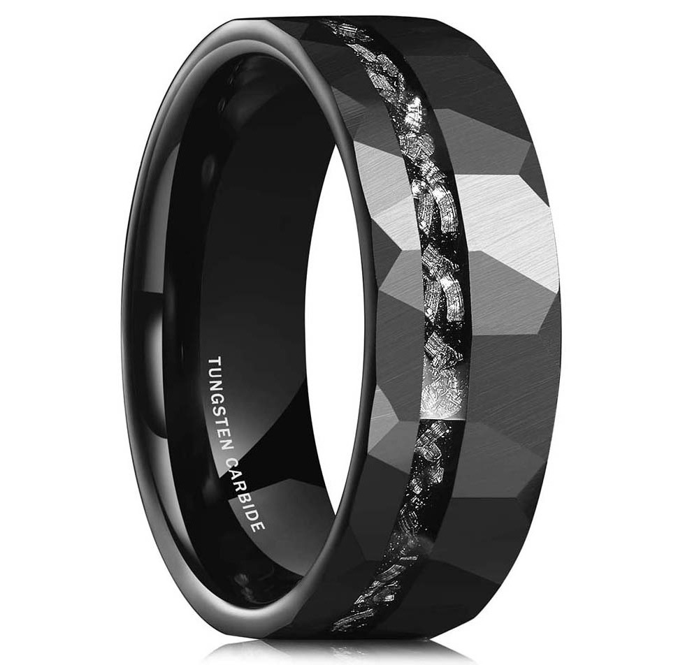 Latest Product Real Meteorite Hammered Black Tungsten Band Interstellar Cosmic Ring 8mm