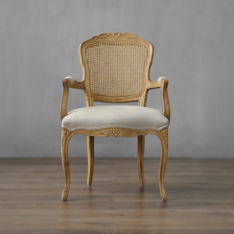 Antique Rattan Back Coffee Fabric Classic Dining Rubber Wood Armchair Style Restaurant Chair