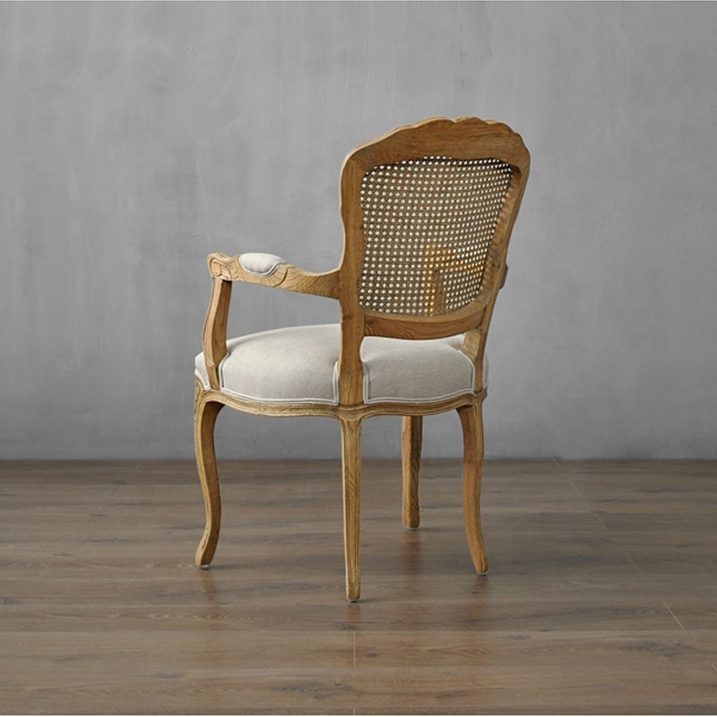 Antique Rattan Back Coffee Fabric Classic Dining Rubber Wood Armchair Style Restaurant Chair