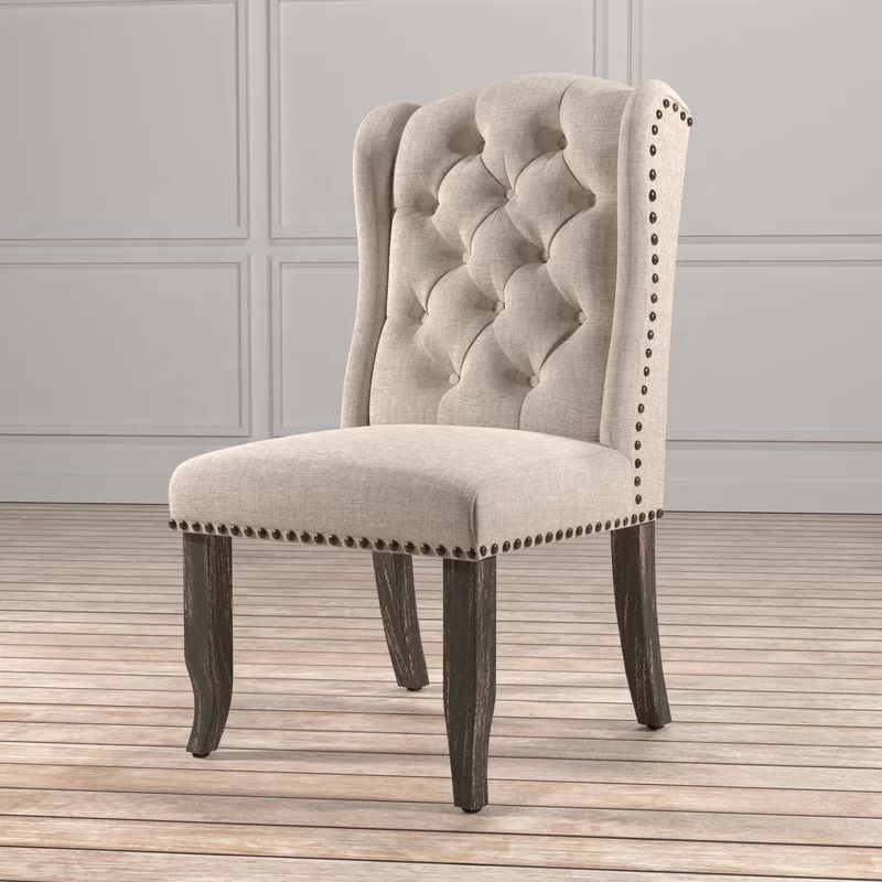 Wholesale Modern Design Tufted Upholstered Home Furniture Wingback Side Beige Dining Room Chair