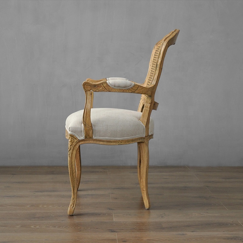 Antique Rattan Back Coffee Fabric Classic Dining Rubber Wood Armchair Style Restaurant Chair