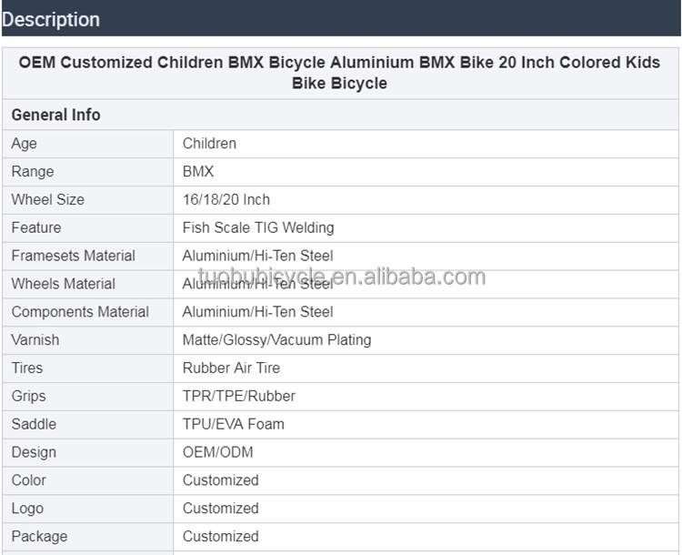 OEM Customized Children BMX Bike bicycle for kids 20 inch bmx  16 inch steel material