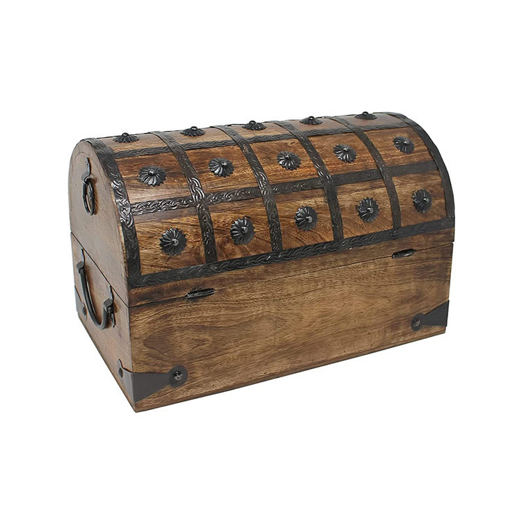 Pirate Treasure Chest with Iron Lock and Skeleton Key Wooden Storage and Decorative Treasure Hunt Storage Keepsake Boxes