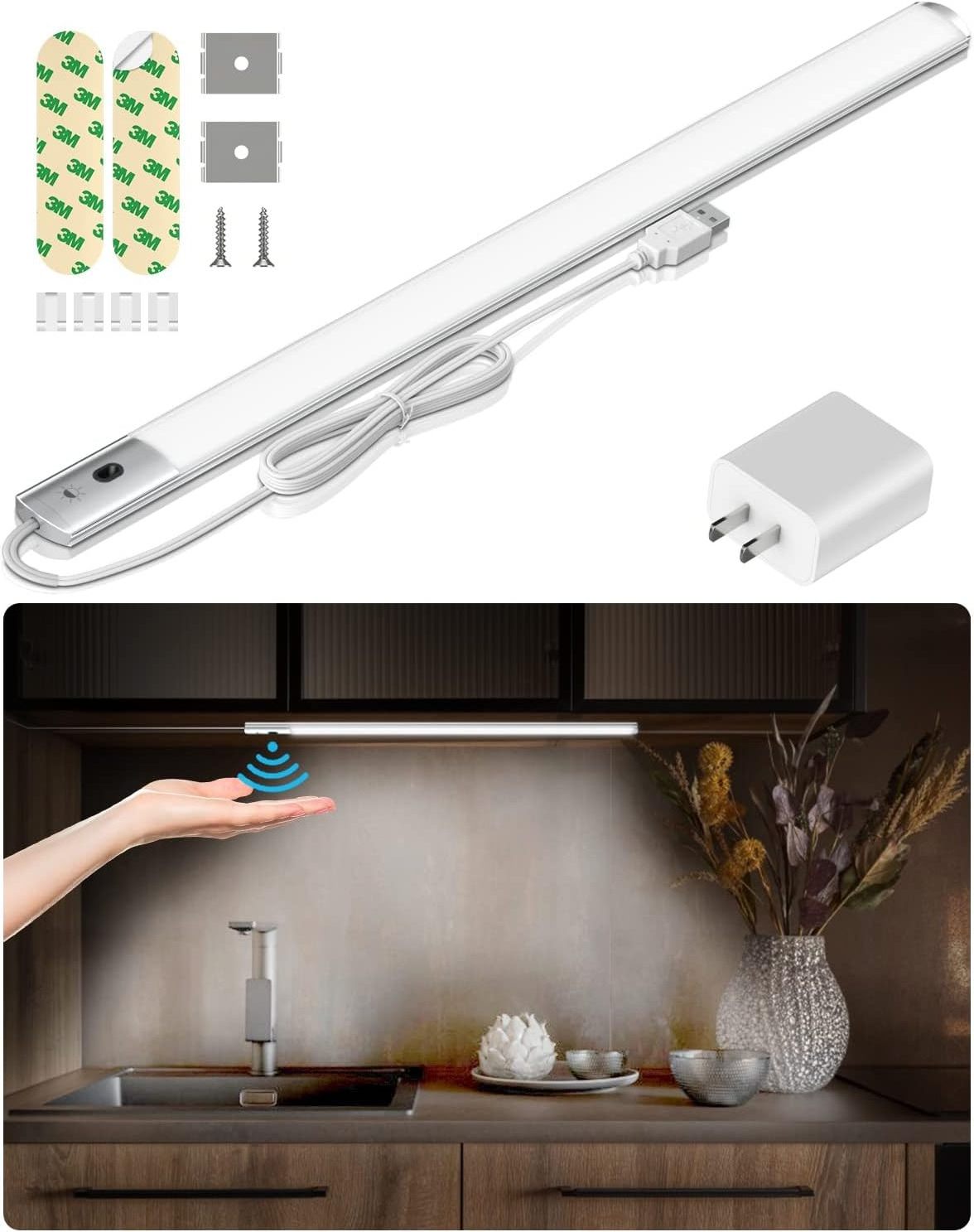 Under Cabinet Light, 16Inch Plug in Under Counter Light for Kitchen with HandSweep Sensor, 3 Color 2800/4000/6500K Under Kitchen