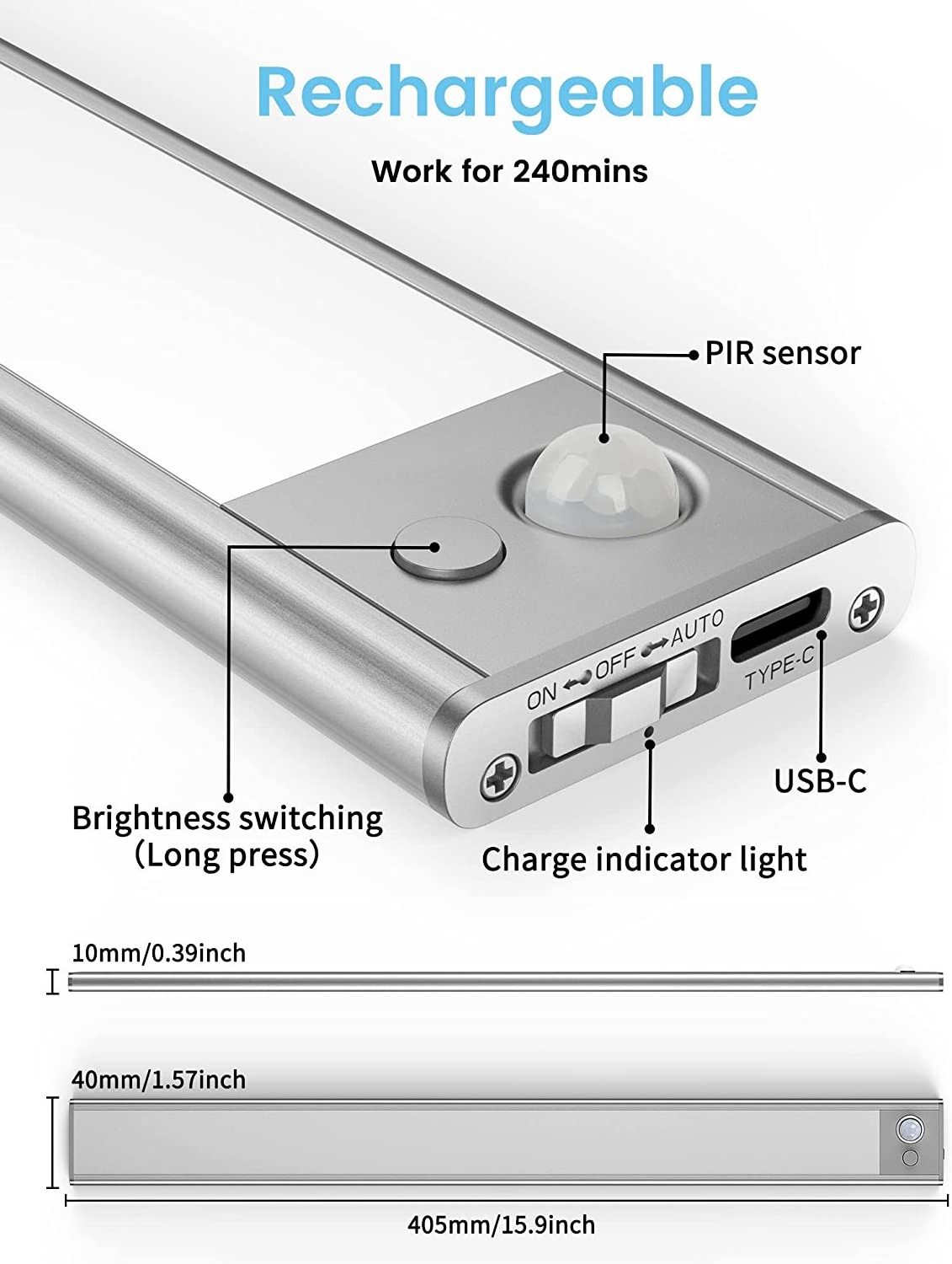 Tuodi Under Counter Lights Type-C charging Wireless 300mah PIR Motion sensor  Hallway LED Cabinet Night Lights with 3M Paste