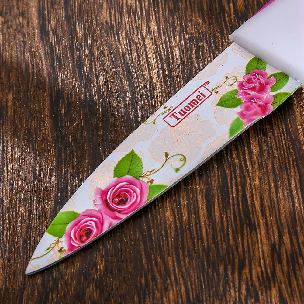 Hot Sale 3 PCS  Fruit Paring Knife Colorful Rose Pattern Non Stick Coating with Knife Sheath