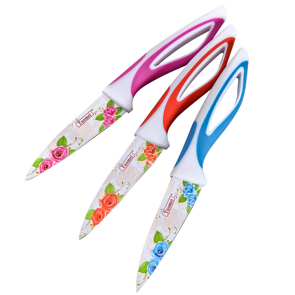 Hot Sale 3 PCS  Fruit Paring Knife Colorful Rose Pattern Non Stick Coating with Knife Sheath